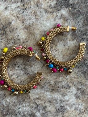 Gold Chain Hoop Earrings with Multicolor Bead Accents
